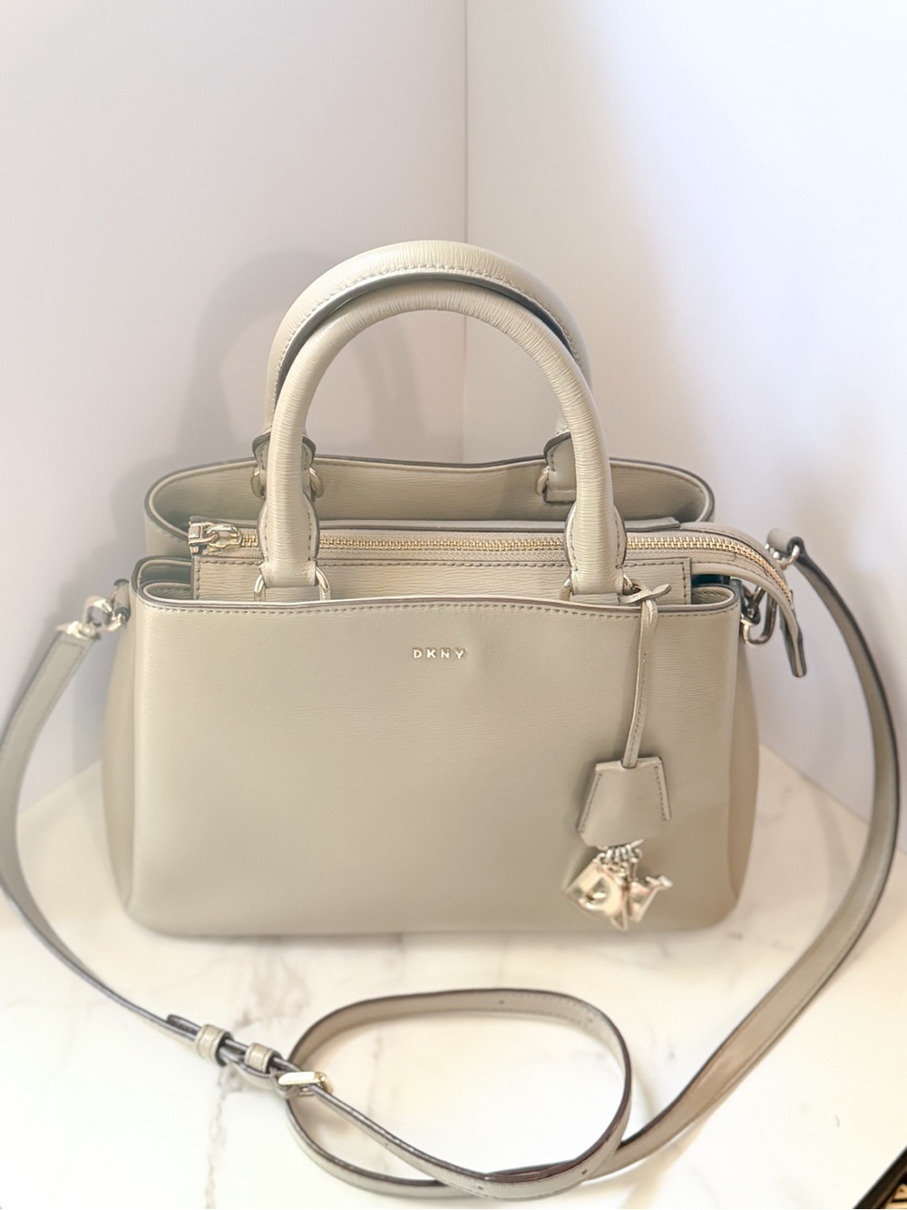 DKNY Taupe Saffiano Leather Satchel Purse Work Bag Quiet Luxury Office Chic